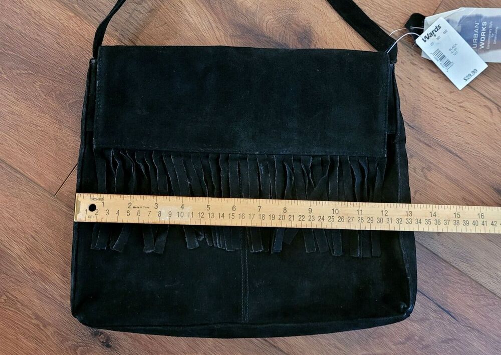 Vintage Boho Suede Fringe Purse Black Ward 1970s Style NEW FLAW READ - Picture 9 of 16